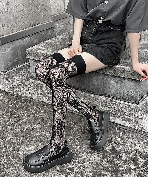 c.u.l 靴下 フラワーレース 網タイツ風 ニーハイソックス cula1171