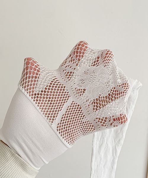 c.u.l 靴下 フラワーレース 網タイツ風 ニーハイソックス