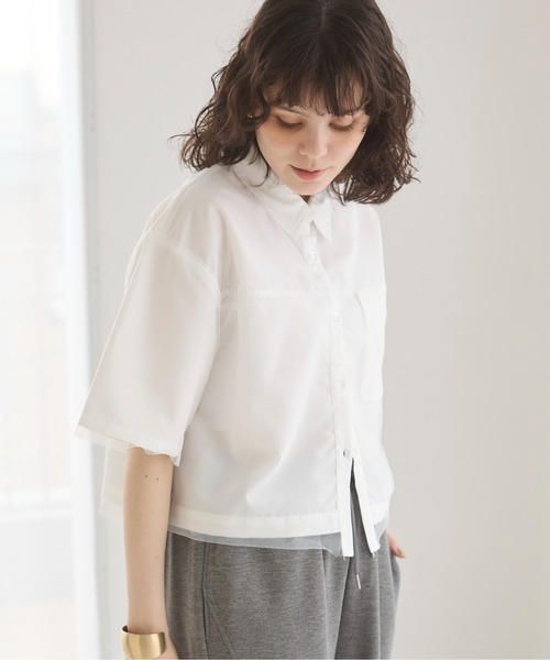 売れ筋商品|||クリーム シャツ レディース トップス KIT  - Blouse - pitch black ANGIE ブラウス シャツ チュール レイヤード クロップド丈 半袖