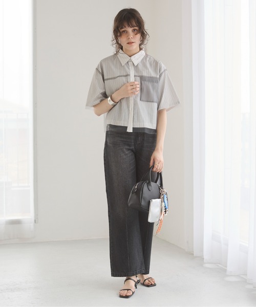 売れ筋商品|||クリーム シャツ レディース トップス KIT  - Blouse - pitch black ANGIE ブラウス シャツ チュール レイヤード クロップド丈 半袖