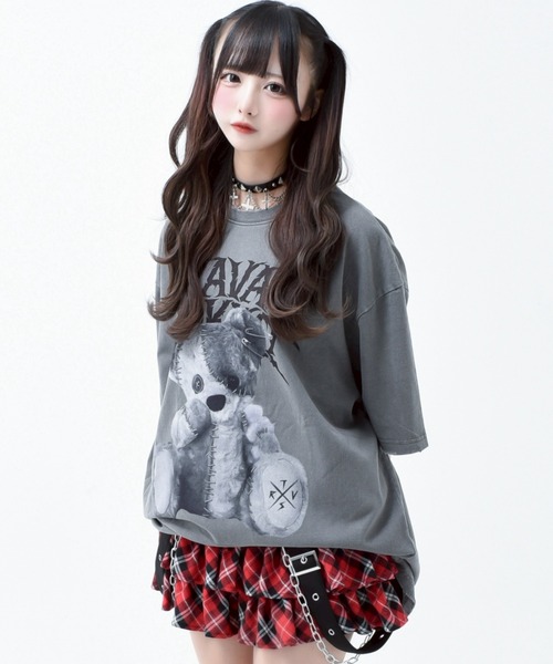 tシャツ 「TRAVAS TOKYO/トラバス トーキョー」ピグメント加工つぎはぎくまプリントTシャツ/ハーフスリーブカットソー レディース メンズ