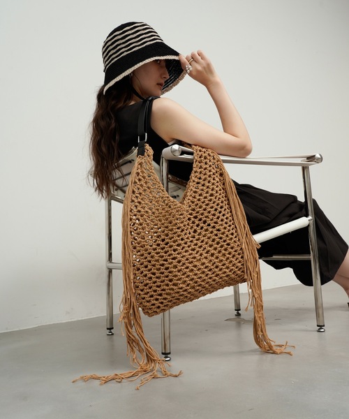 トートバッグ Rope knit fringe tote bag / 縄あみフリンジ