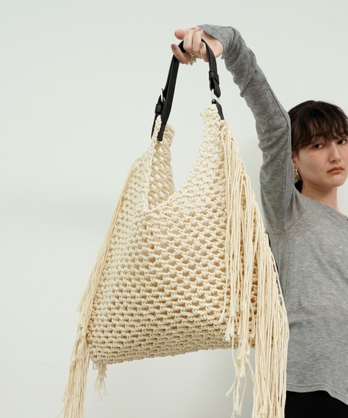 トートバッグ Rope knit fringe tote bag / 縄あみフリンジトート 