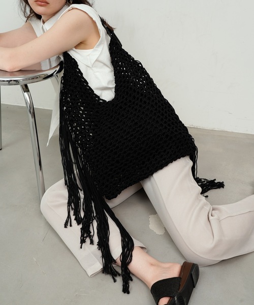 トートバッグ Rope knit fringe tote bag / 縄あみフリンジトート