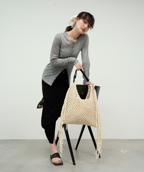 トートバッグ Rope knit fringe tote bag / 縄あみフリンジトート