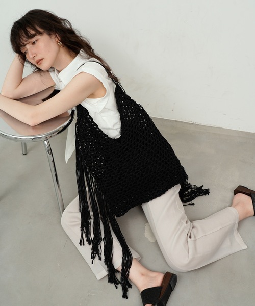 トートバッグ Rope knit fringe tote bag / 縄あみフリンジトート