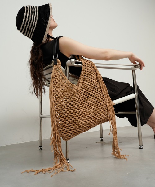フリンジ付き大きめブラウントートバッグ　RIO トートバッグ Rope knit fringe tote bag / 縄あみフリンジ