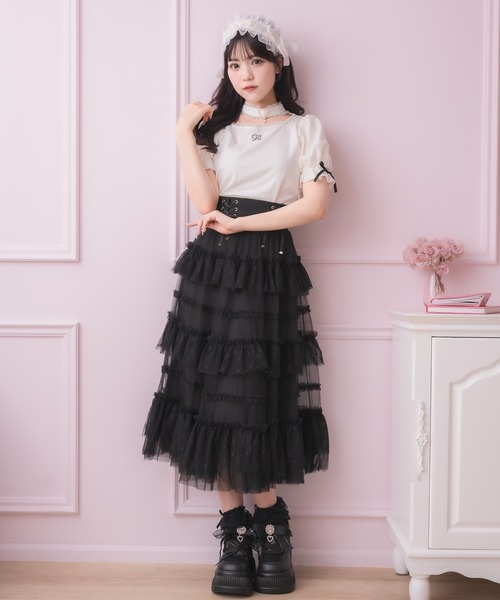 美品 RED VALENTINO　限定 ハートグリッター チュール スカート 140-150]ラメチュールティアードロングスカート(ロング・マキシ