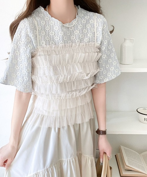 「mily bilet」 半袖ブラウス LARGE サックスブルー レディース