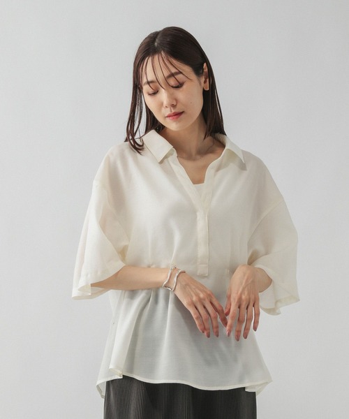 ブラウス シャツ Anti-static pocket shirt レディース メンズ antiqua ブラウス シャツ とろみ生地シャツ レディース