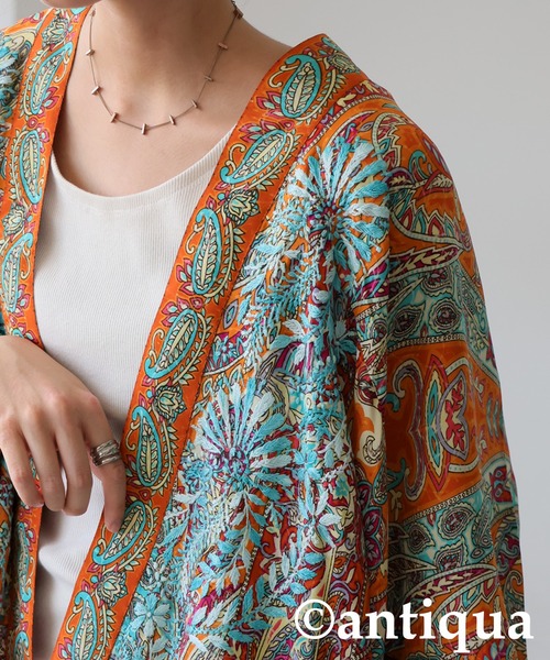 【試着のみ】定価6,990円antiquaアンティカ エスニック柄刺繍カーデ antiqua（アンティカ） カーディガン エスニック柄刺繍カーディガン