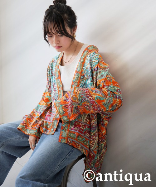 【試着のみ】定価6,990円antiquaアンティカ エスニック柄刺繍カーデ antiqua（アンティカ） カーディガン エスニック柄刺繍カーディガン