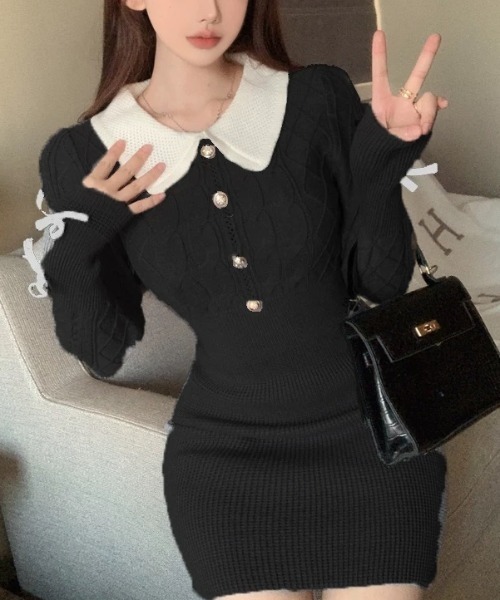 clara ブラック✖️ホワイト タートルネックニットワンピース Sibra（シブラ） ワンピース ホワイトカラーニットタイトワンピース