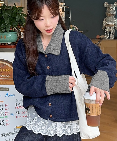 Girly Doll（ガーリードール） カーディガン 配色ポロカラーニット