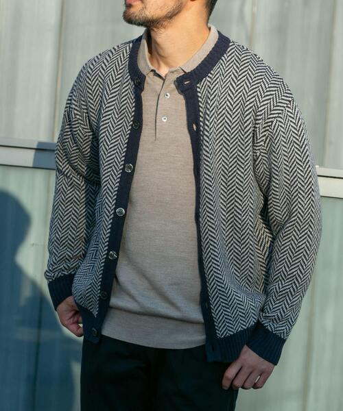 【GRAY】『XLサイズあり』ヘリンボーン柄クルーニットカーディガン URBAN RESEARCH ROSSO MEN カーディガン 「XLサイズあり」ヘリンボーン