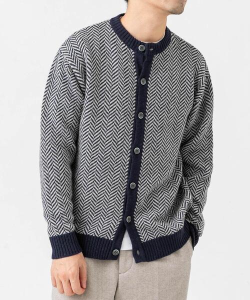 【GRAY】『XLサイズあり』ヘリンボーン柄クルーニットカーディガン URBAN RESEARCH ROSSO MEN カーディガン 「XLサイズあり」ヘリンボーン