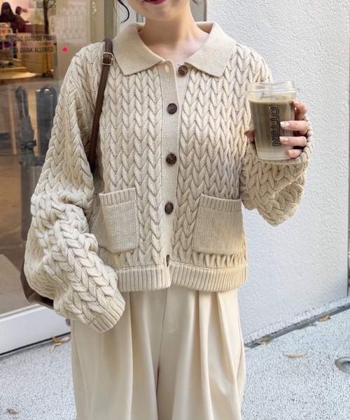 OLUN ニット セーター cable knit shirt/ケーブルニットシャツ