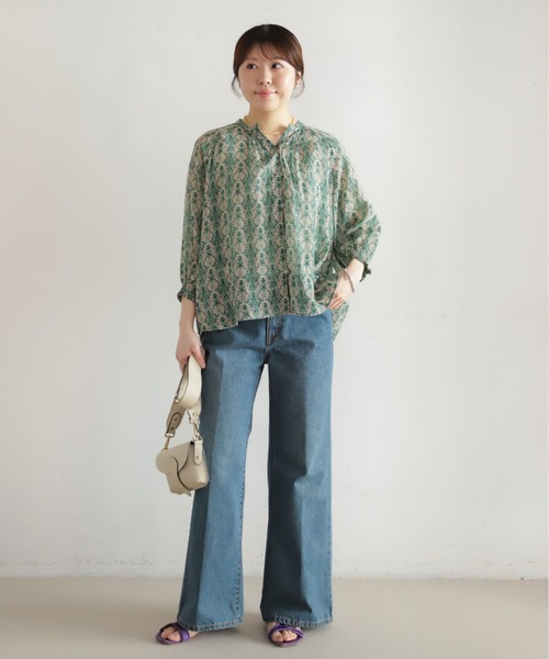 【NOMBRE IMPAIR】シアーフラワーPT　フレアスリーブブラウス ブルー nombre impair - 【NOMBRE IMPAIR】シアーフラワーPT フレアスリーブ