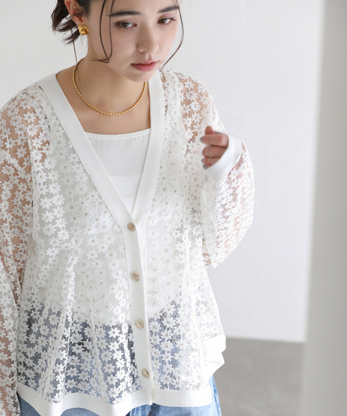 カーディガン 「洗える」フラワーレースカーディガン レディースの画像