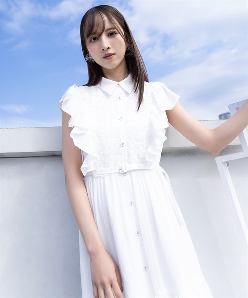 ANDREWS フリル袖 ワンピース ホワイト AND COUTURE（アンドクチュール） ワンピース レースフリルシャツ