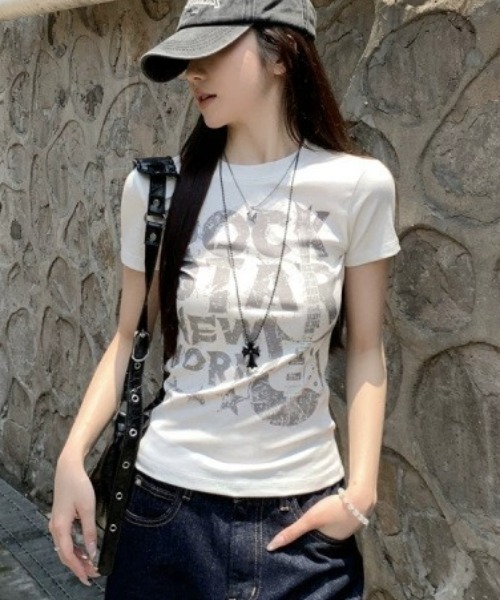 tシャツ 半袖 Y2K グラフィックロゴプリントピチTシャツ 半袖T