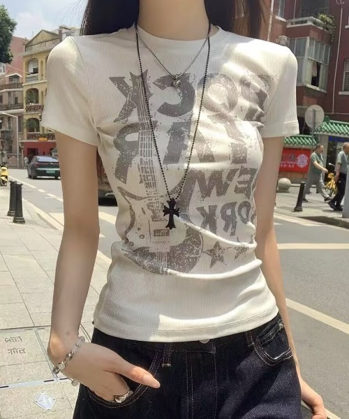 tシャツ 半袖 Y2K グラフィックロゴプリントピチTシャツ 半袖T
