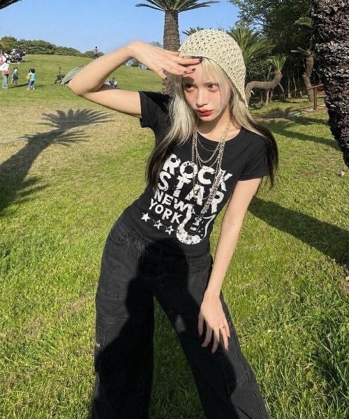 tシャツ 半袖 Y2K グラフィックロゴプリントピチTシャツ 半袖T