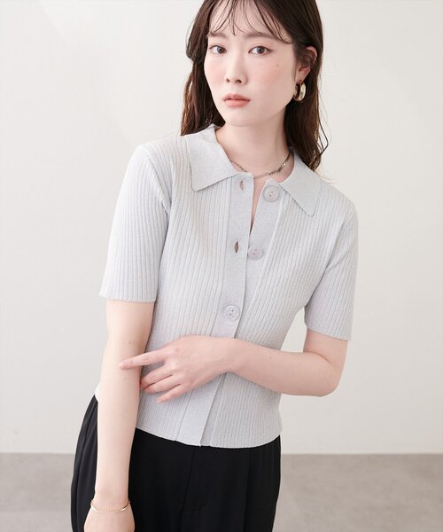 natural couture カーディガン 半袖 衿付きラメリブカーデ レディース
