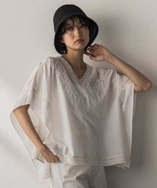 MAYSON GREY 綿100 刺繍ブラウス 白 レース コットン ゆったり MAYSON GREY（メイソングレイ） ブラウス シャツ 夏 半袖 レース刺繍