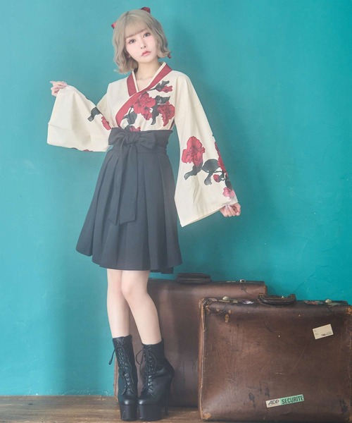 Tika（ティカ） コスプレ コスプレ かわいい 巫女 和装 バラ ミニ 袴 3 ティカ Tika バラプリントデザイン巫女3点セットコスプレ