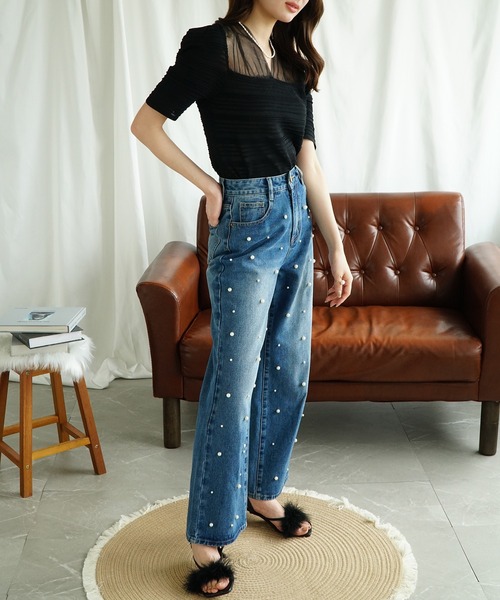 パール ルーズ デニムパンツ ワイドパンツ パンツ デニム ジーンズ パール付きワイドデニムパンツ