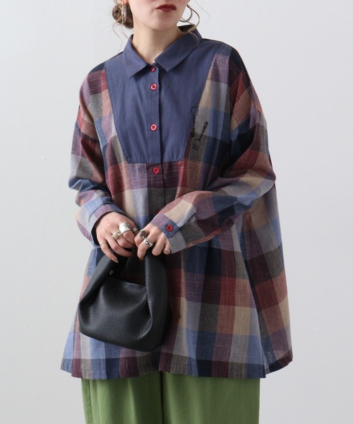 Emago ブラウス シャツ EMAGO チェック切替えチュニックシャツ