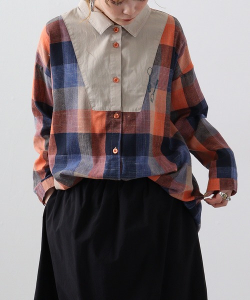 ブラウス シャツ EMAGO チェック切替えチュニックシャツ レディース