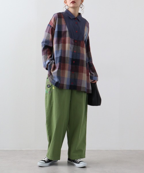 ブラウス シャツ EMAGO チェック切替えチュニックシャツ レディース Emago ブラウス シャツ EMAGO チェック切替えチュニックシャツ