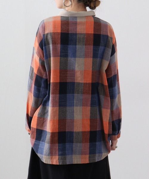 Emago ブラウス シャツ EMAGO チェック切替えチュニックシャツ