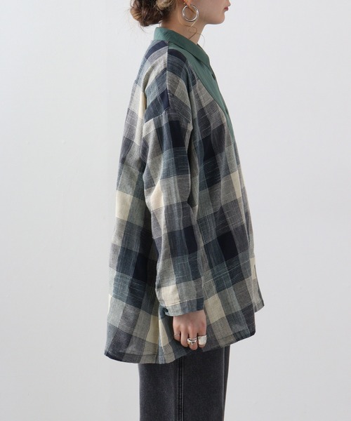 Emago ブラウス シャツ EMAGO チェック切替えチュニックシャツ