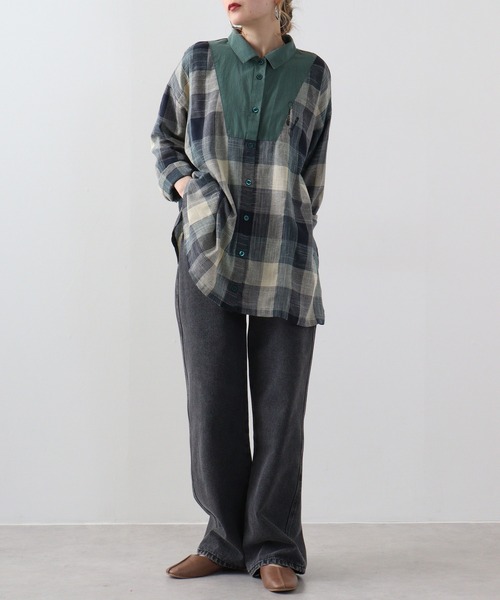 ブラウス シャツ EMAGO チェック切替えシャツ レディース Emago ブラウス シャツ EMAGO チェック切替えシャツ レディース
