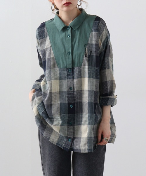 ブラウス シャツ EMAGO チェック切替えチュニックシャツ レディース Emago ブラウス シャツ EMAGO チェック切替えチュニックシャツ