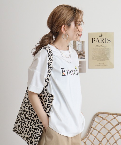 tシャツ EGLANTINE ロゴプリント半袖フレアカットソー レディース エグランティーヌ EGLANTINE ロゴプリント半袖フレアカットソー