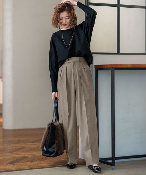 ワイドパンツ パンツ 「洗える」ドライ2WAYストレッチ チェック