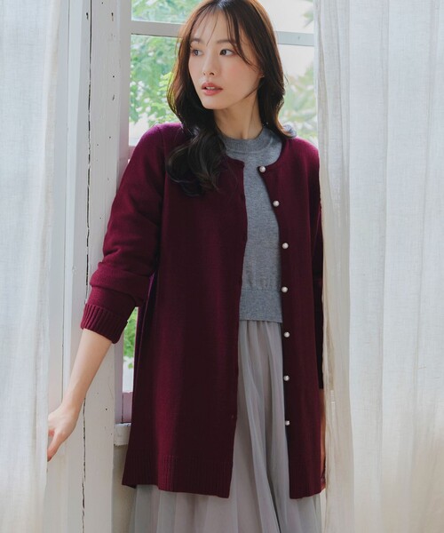 Tiaclasse カーディガン ラウンドネックミドル丈ニットカーディガン