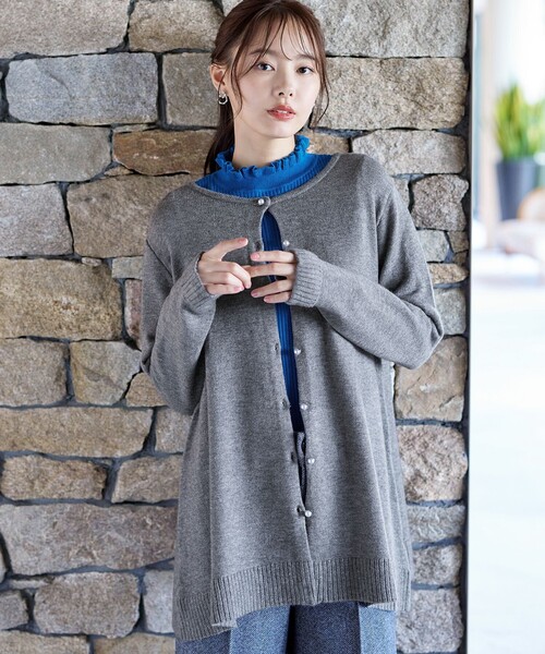 Tiaclasse カーディガン ラウンドネックミドル丈ニットカーディガン