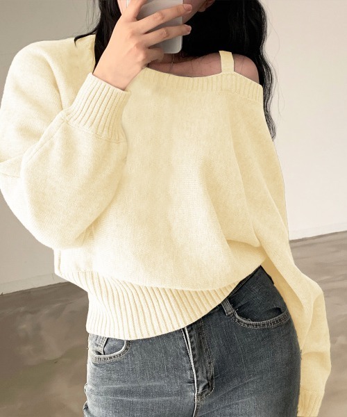 ニット セーター アシンメトリーオフショルダーニットトップス