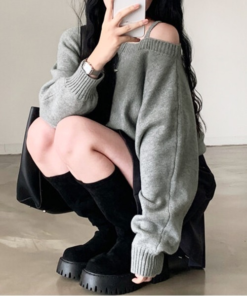 ニット セーター アシンメトリーオフショルダーニットトップス