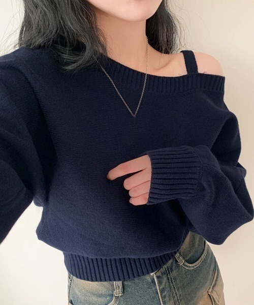 ニット セーター アシンメトリーオフショルダーニットトップス