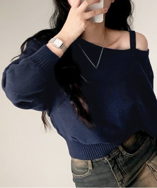 ニット セーター アシンメトリーオフショルダーニットトップス
