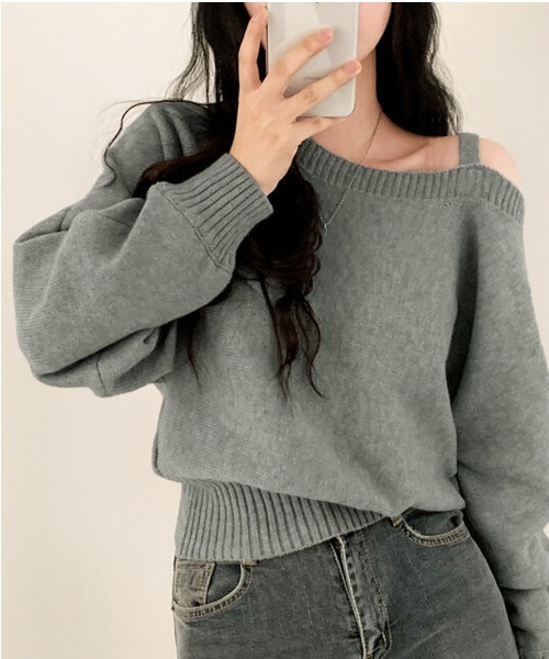 ニット セーター アシンメトリーオフショルダーニットトップス