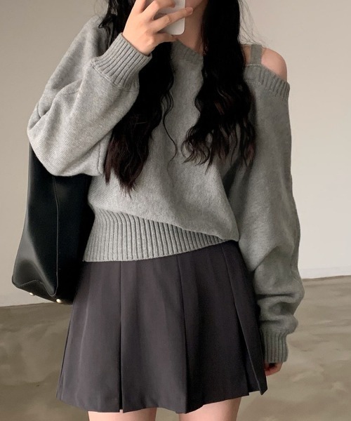 ニット セーター アシンメトリーオフショルダーニットトップス