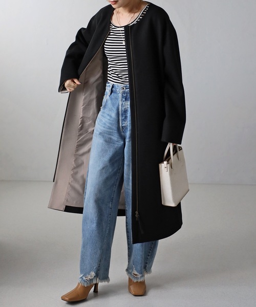 「&HALF」 「noa-ge」ノーカラーコート M グレー レディース_画像2