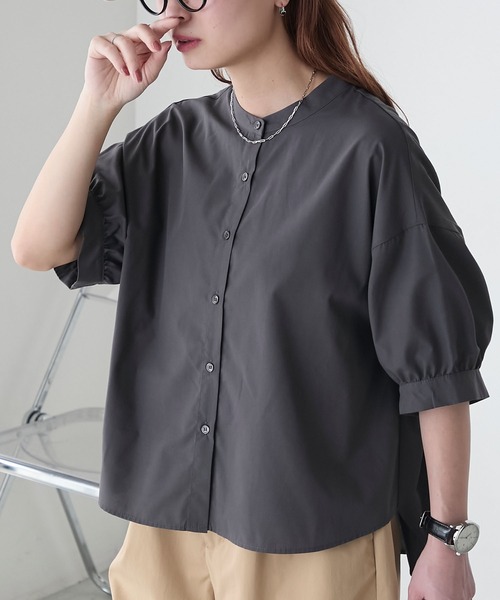 BONLECILL ブラウス シャツ バックシャーリングバンドカラー
